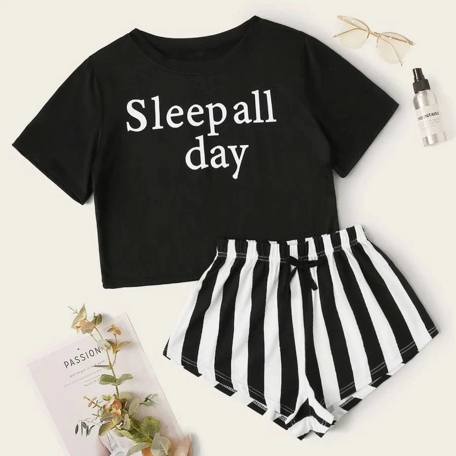 Pajama Sets 
Women's Pajama Set Round Neck Sleepwear Letter Print T-shirt Top Stripe Shorts Girls Fashion Elegant Loungewear Outfits Summer