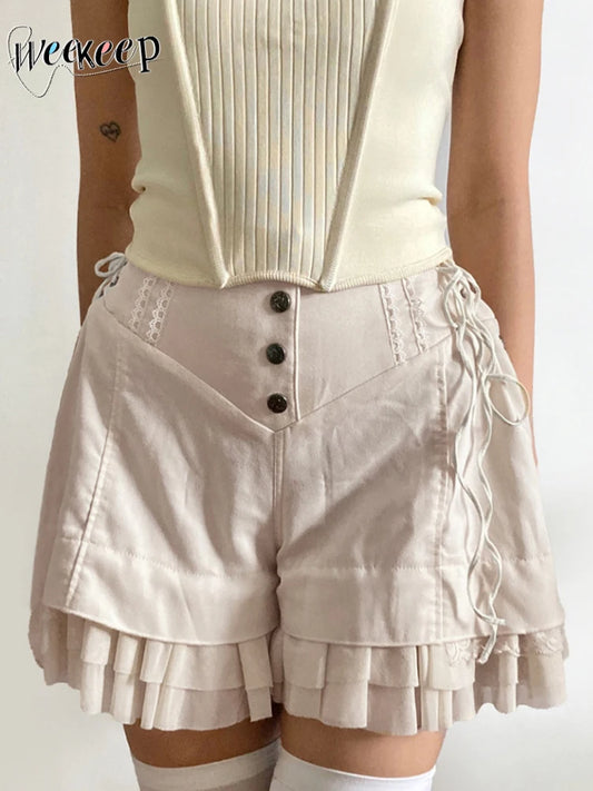 Shorts Cute 2000s Baggy Button Up High Waist Side Bandage Vintage Short Pants Casual Women Outfits