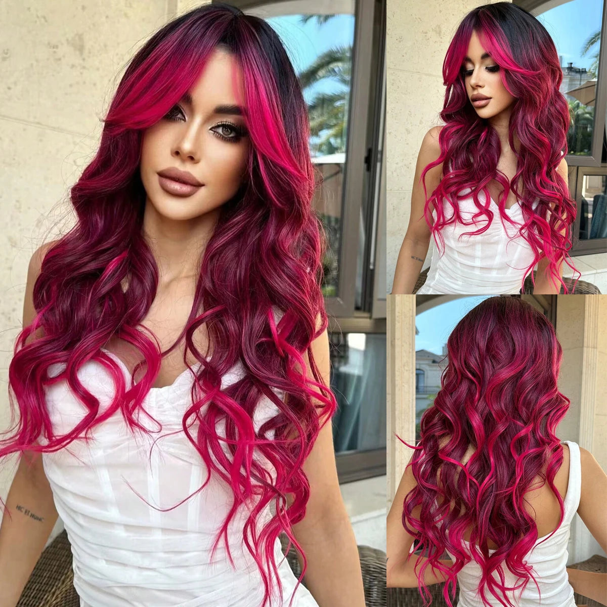 Hair Extensions and Wigs
Ombre Wigs Water Wave Wigs With Bangs Multicolor 28 Inch Heat Resistant Fiber Long Wavy Natural Wave Synthetic Wigs For Women