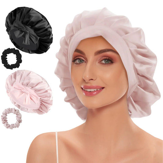 Elegant Look Satin Bonnet Silk Night Sleeping Cap Natual Pure Silk Hair Wrap Headwrap For Women Curly Braid Hair Nightcap Scrunchie Set