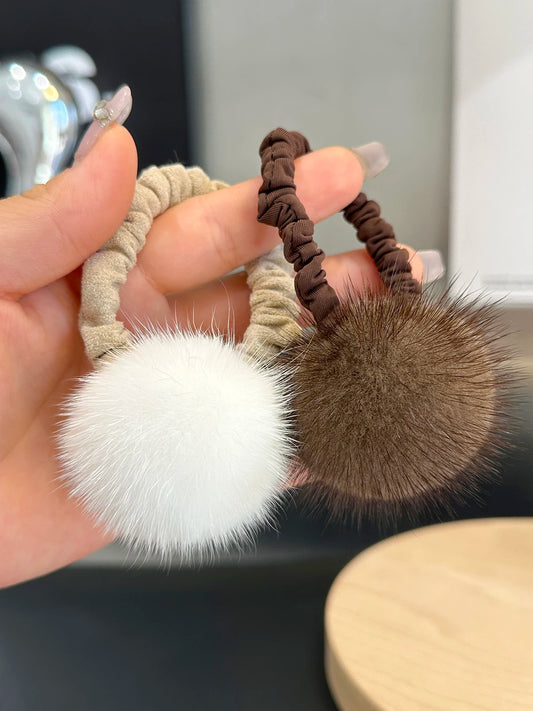 Elegant Look Hair Rope Real Mink Fur Ball Elastic Bands Woman Luxury Genuine Rubber Band Hair Ring Accessories Fur Fluffy Hair Ties Girls