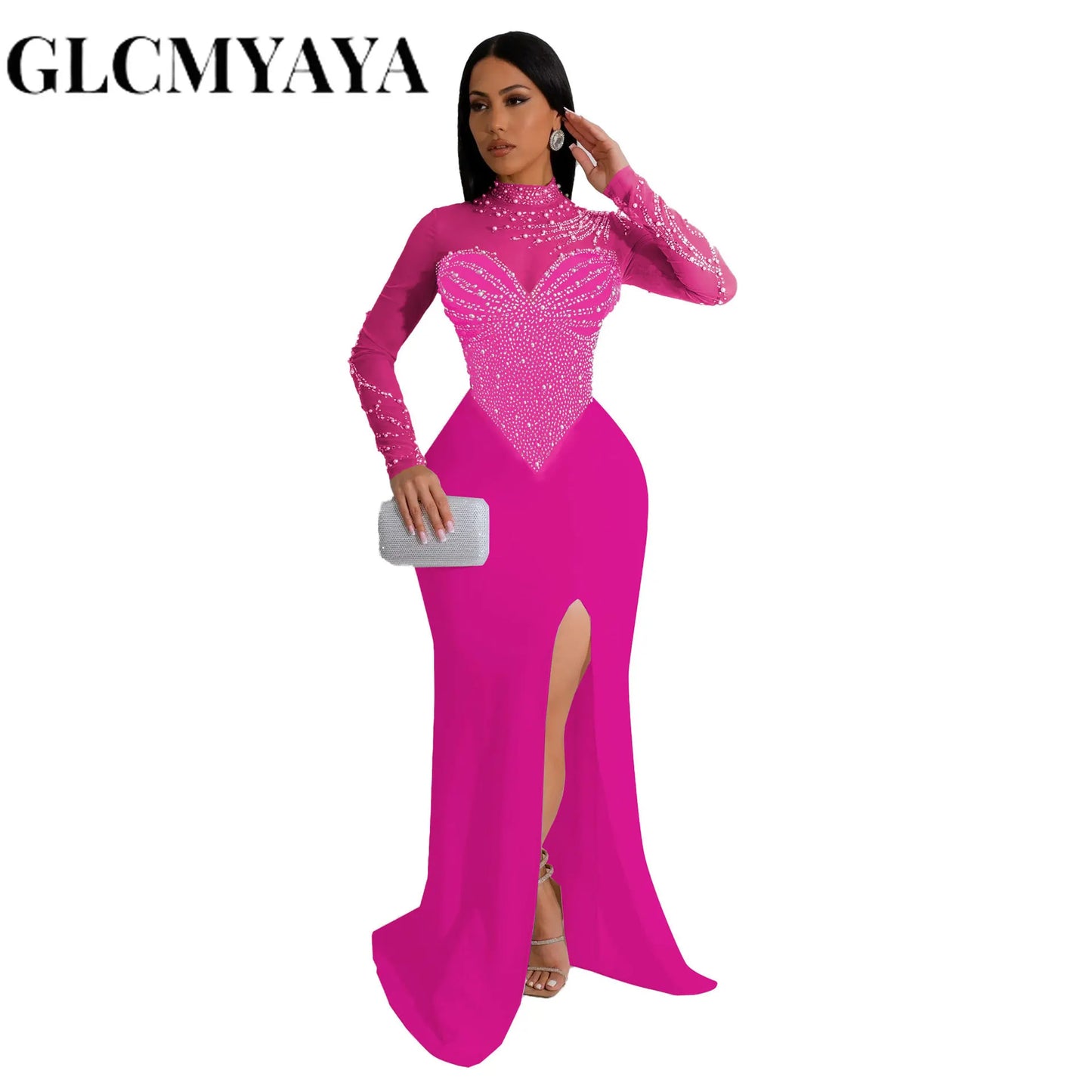 CMYAYA Elegant Wedding Even Mesh See Through Patchwork Long Dress Women Diamonds Rhinestone Mermaid Prom Formal Birthday Luxury