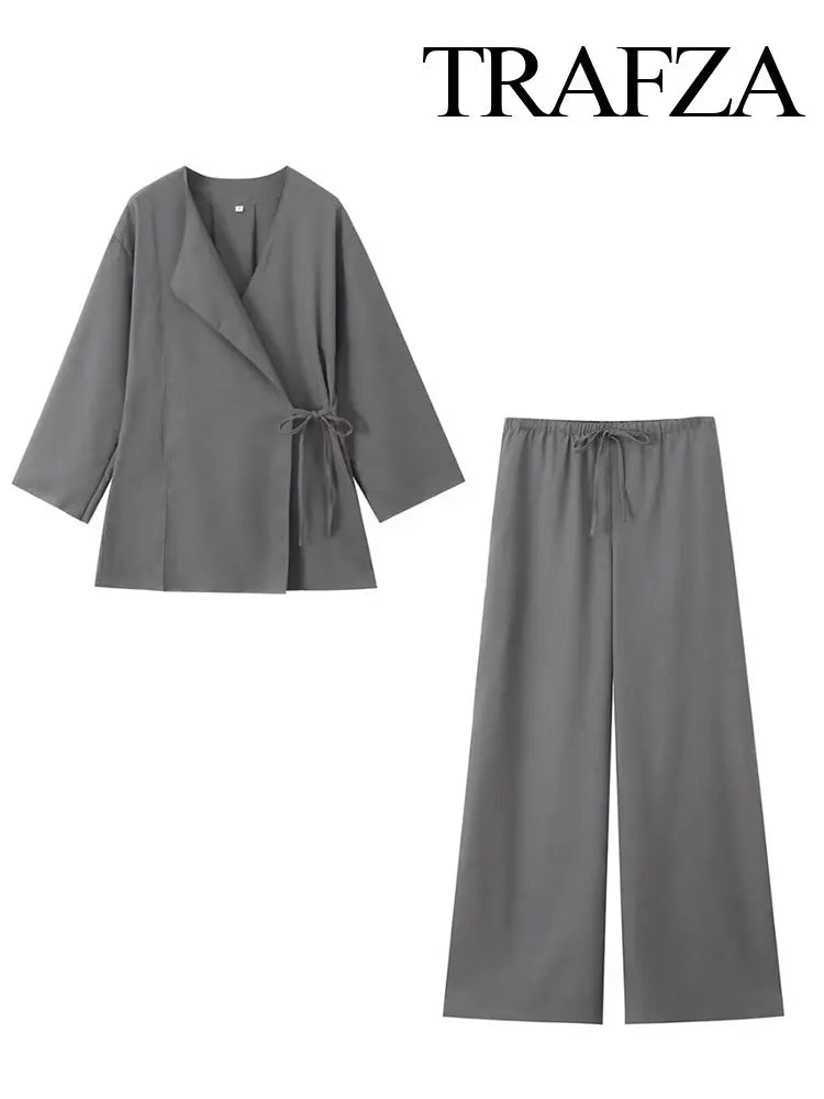 Pant-Sets Summer Fashion Linen Solid Color Shirt Set Belted Cardigan Kimono Top + High Waist Women's Pleated Pants 2-piece