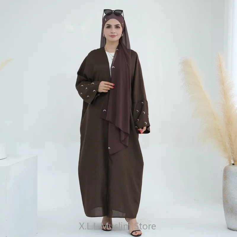 Eid Moon Embroidery Open Abaya Dubai Luxury Kimono Coat With Hijab Kebaya Kaftan Baggy Abaya Modest Robe De Priere Muslim Dress