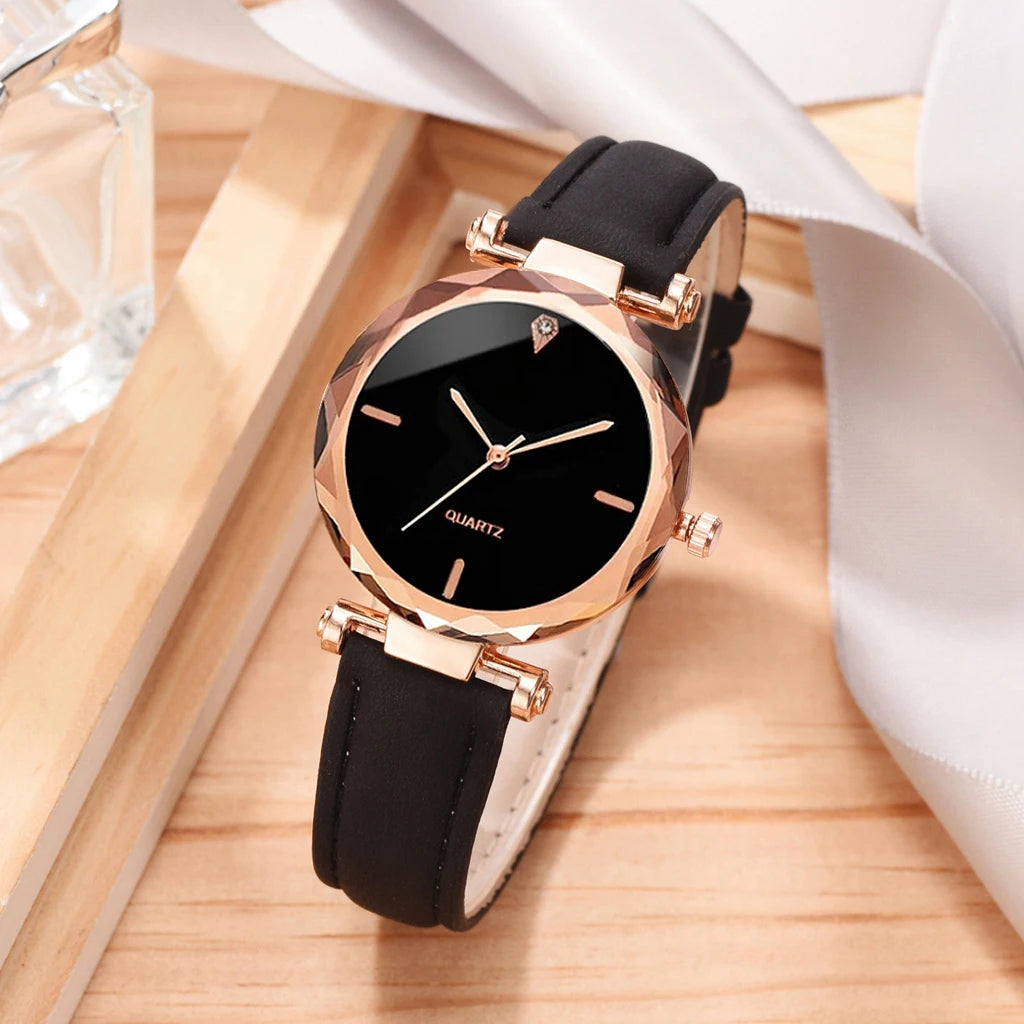 Women Watch 2pcs Luxury Fashion Women Watch Set PU Leather Strap Ladies Quartz Wristwatch Rhinestone RoseGold Alloy Bracelet for Ladies Gift