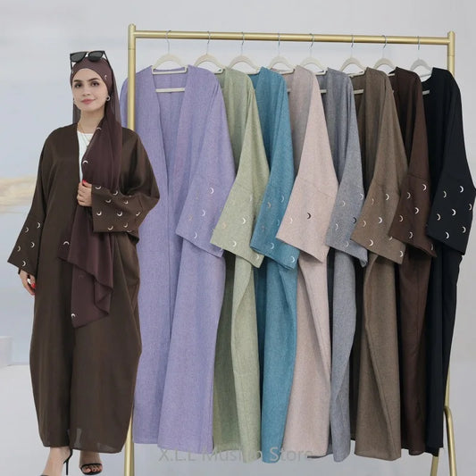 Eid Moon Embroidery Open Abaya Dubai Luxury Kimono Coat With Hijab Kebaya Kaftan Baggy Abaya Modest Robe De Priere Muslim Dress