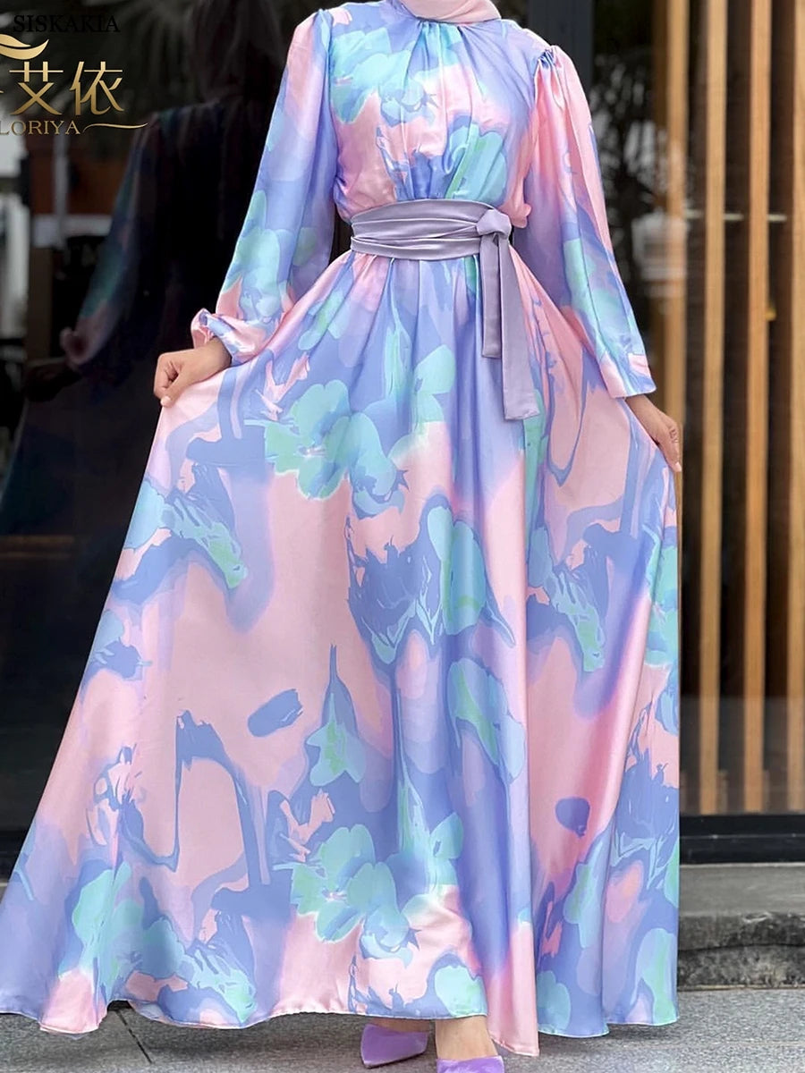 Siskakia Kaftan Eid Muslim Women Long Dresses Dubai Fashion Satin Party Gown High Neck Long Sleeve Belted Abayas Saudi Kebaya