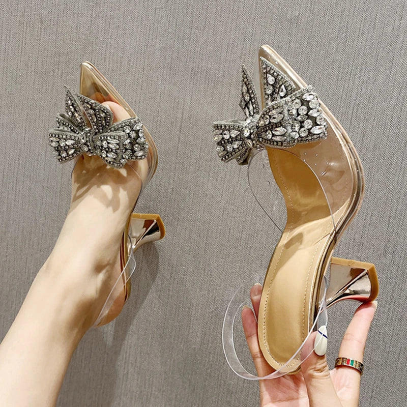 WOMEN SANDALS Fashion Crystal Sequined Bowknot Women Pumps Sexy Pointed Toe High Heels Wedding Prom Shoes Ladies PVC Transparent Sandals