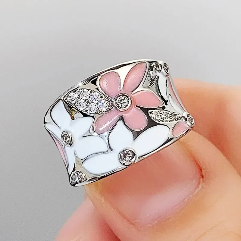 Luxury  Rings Aesthetic Enamel Flower Finger Ring for Women Wedding Party New 2023  Silver Color Luxury Cubic Zirconia Jewelry Gift