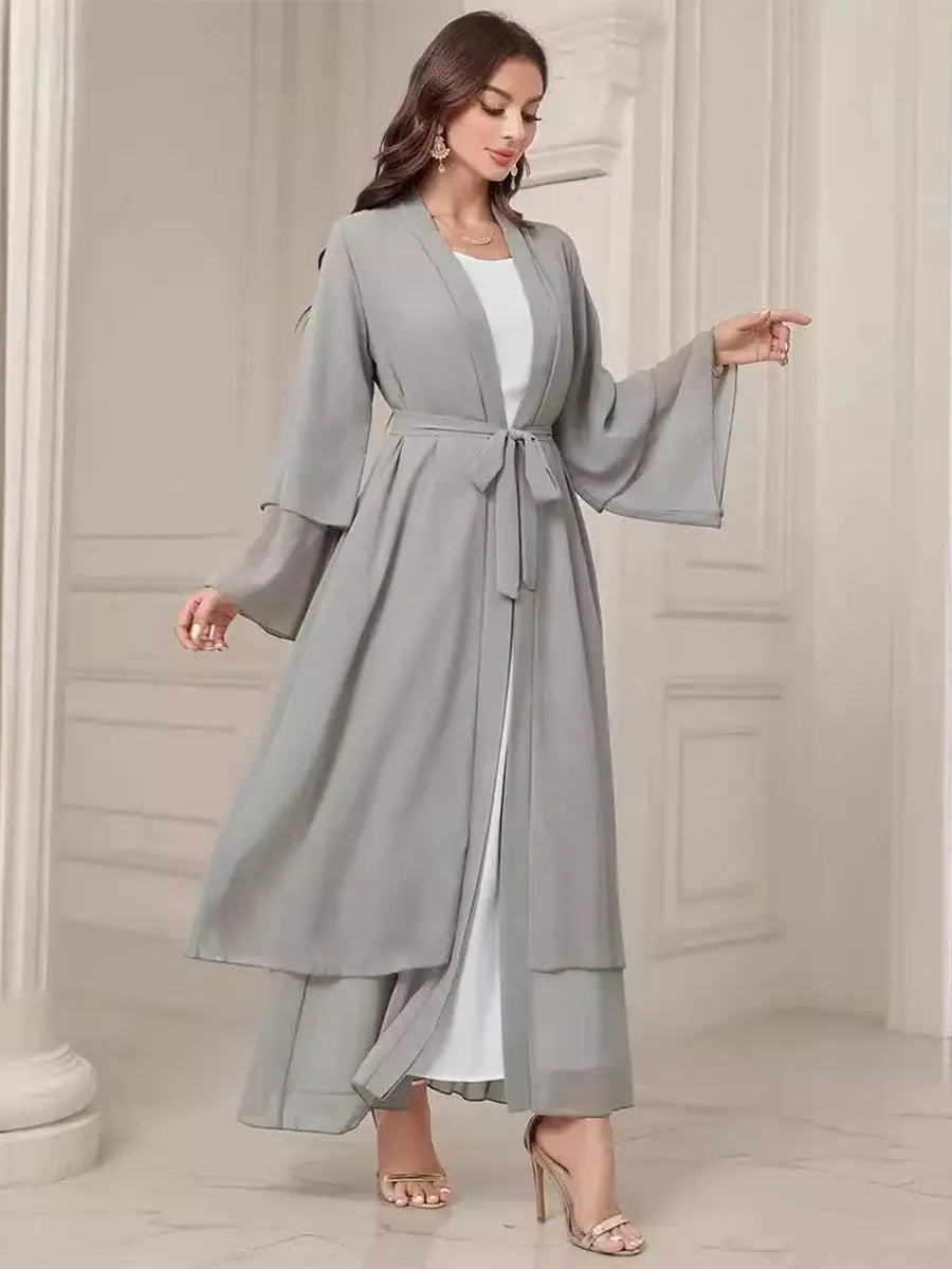 Fashion Muslim Solid Open Abayas With Belt Double Layer Chiffon Women's Robe Moroccan Dubai Saudi Elegant Loose Kebaya Dresses