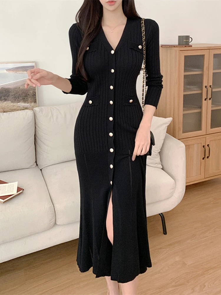 Knitted-Dress Summer Midi Dress Knitted Black Bodycon Korea Style