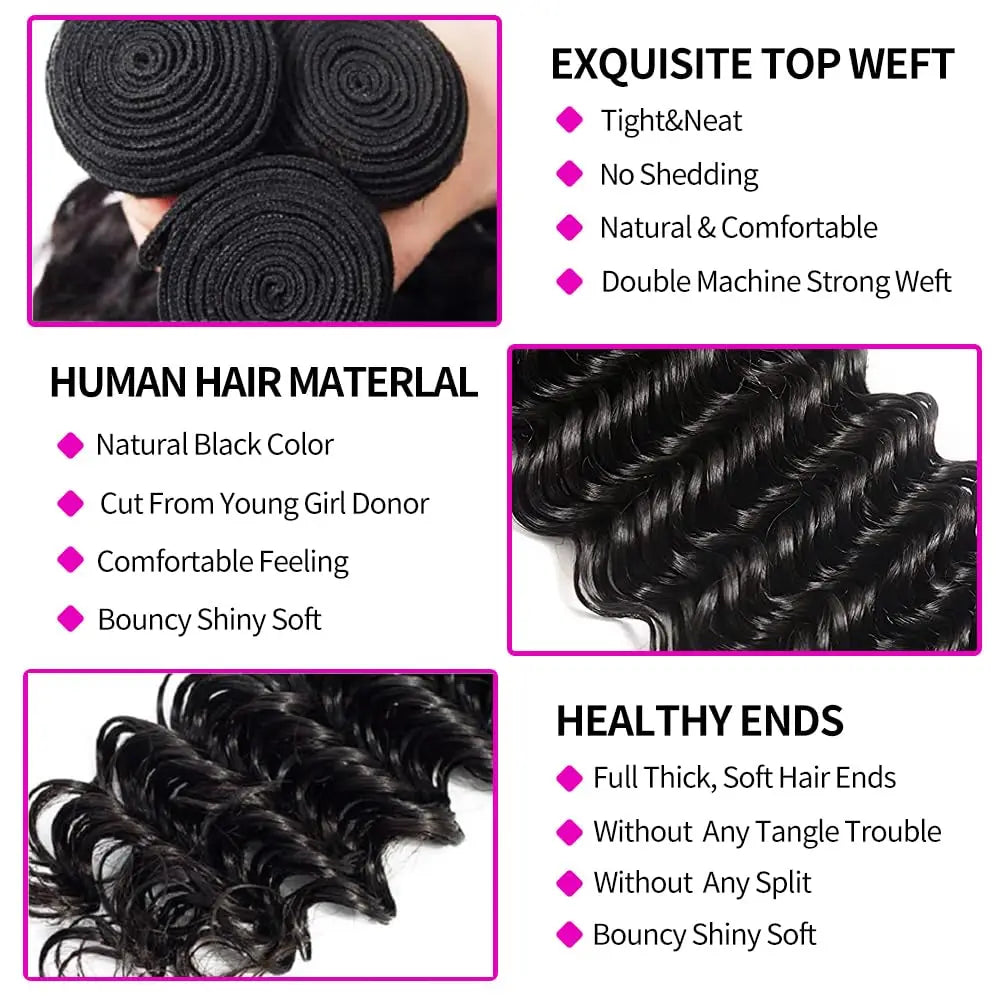 Hair Extensions and Wigs
Deep Wave Human Hair Bundles With Closure 100% Unprocessed Brazilian Virgin Human Hair Weave 3 Bundles With 4x4 HD Lace Closure