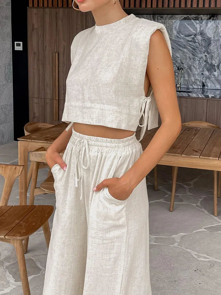 Pant Set Women Holiday Linen Pant Set Crop Tops Solid Outfits 2 Two Piece Matching Set For Women