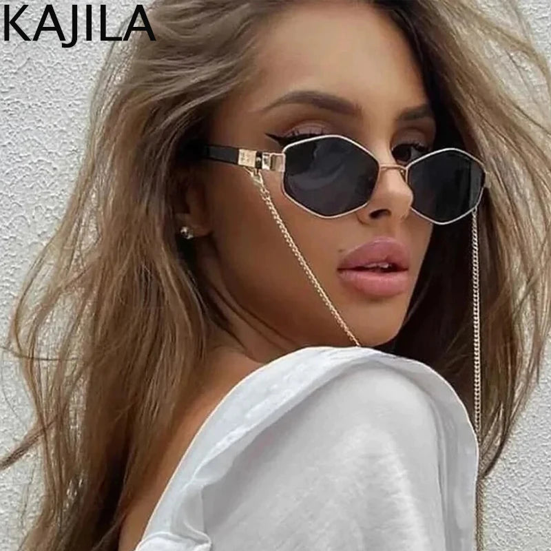 Women's Sunglasses Sexy Small Frame Hexagon Sunglasses Women With Chain 2024 Luxury Brand Designer Punk Sun Glasses For Ladies Shades Gafas De Sol