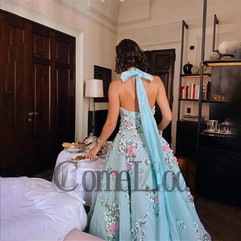 Comelody Formal Party Dresses For Women Saudi Arabric Halter Ribbons Floral Print Backleess Ankle-Length Prom Formal Evening