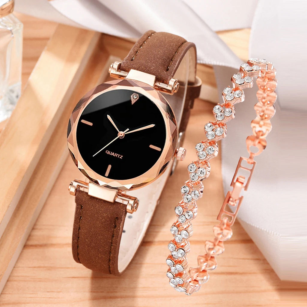 Women Watch 2pcs Luxury Fashion Women Watch Set PU Leather Strap Ladies Quartz Wristwatch Rhinestone RoseGold Alloy Bracelet for Ladies Gift