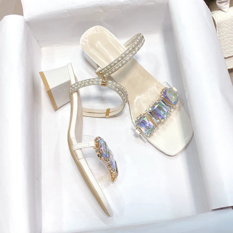 WOMEN SANDALS Fashion Rhinestone Sandals for Women Summer 2023 Square Heels Open Toe Slippers Woman Transparent PVC Jelly Sandals Mujer