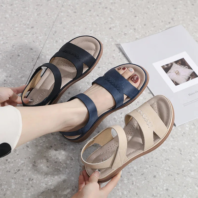 flat Shoes Women  Summer Fashion 2023 Women Simple Flat Heel Sandals Solid Color Adjustable Strap Sewing Thread Casual Lightweight 42