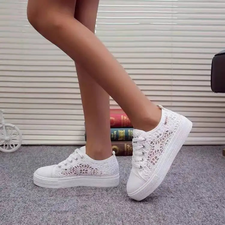 canvas shoes  Fashion Summer Casual White Shoes Cutouts Lace Canvas Hollow Breathable Platform Flat Shoes Woman Sneakers