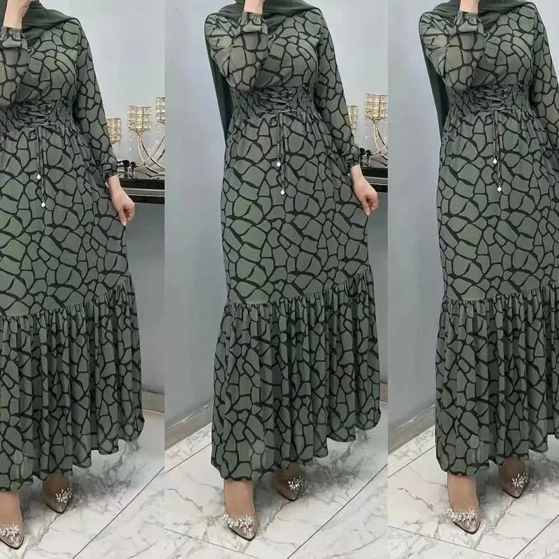 Printed Slim-fit Dress for Women Abaya Islam Muslim Long Sleeve Maxi Dress Kebaya Abayas for Women Kaftan Robe Musulmane Femme