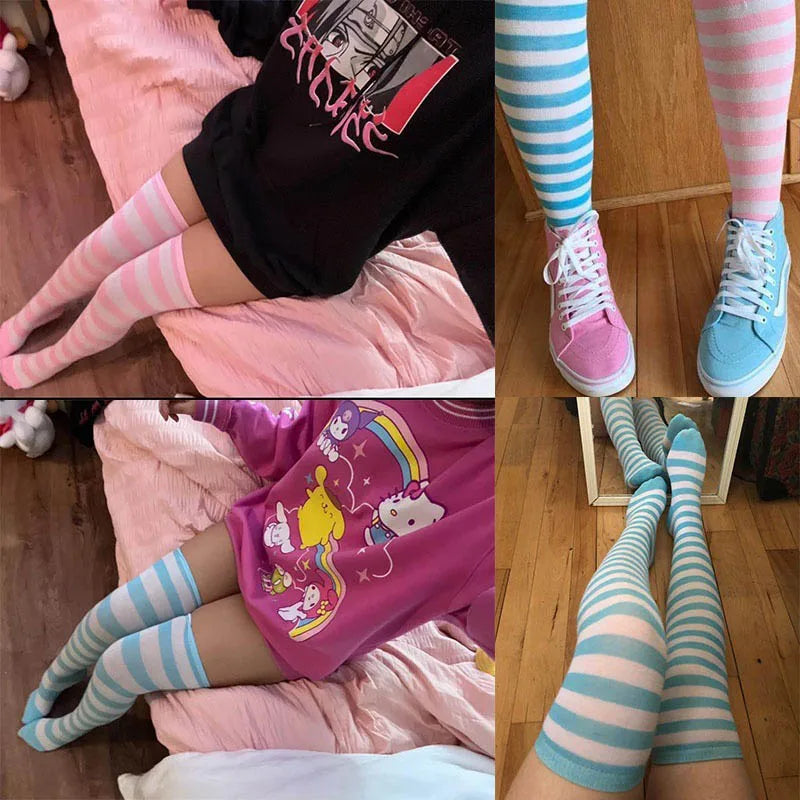 Stockings 
Color Striped Stockings Japanese Over Knee Socks Fashion Women Keep Warm Soks Sexy Slim Long Soks Black White Striped Hosiery