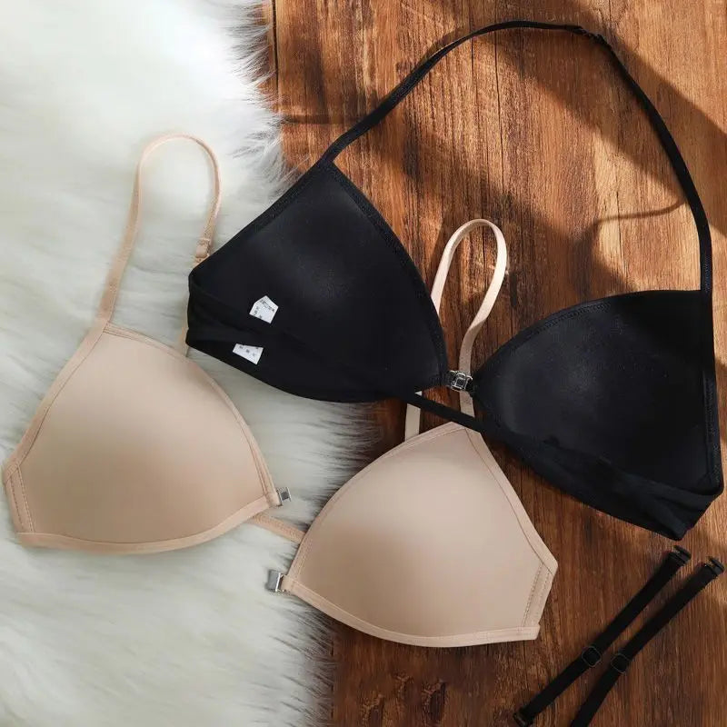 bras
French Triangle Cup French Underwear Small Chest Spaghetti Strap Beauty Back Halter Invisible Front Closure Bra Thin Section Tra