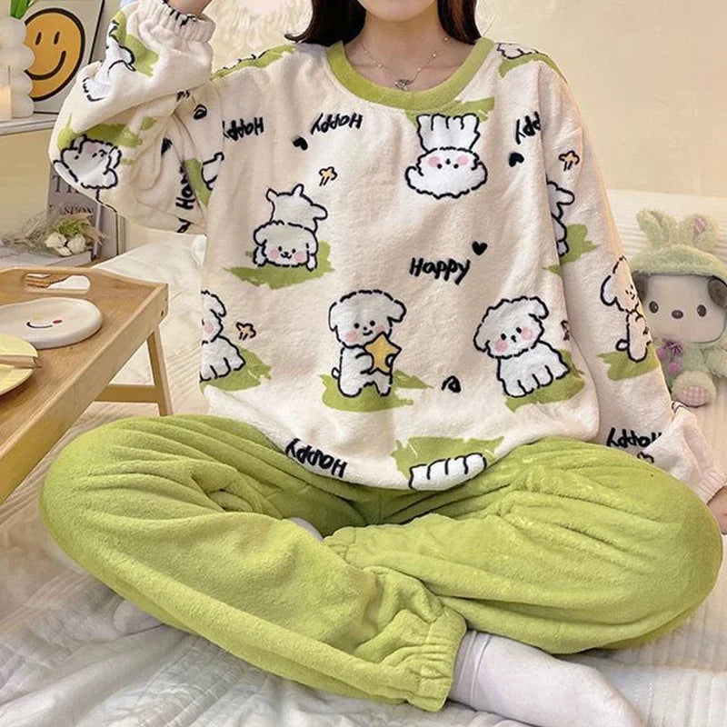 Winter Warm Sleepwear 
Winter Cute Duck Flannel Pajamas Set for Women Kawaiii Pattern Teddy Sleepwear for Girl Fashion Pullover Velvet Woman's Pijamas