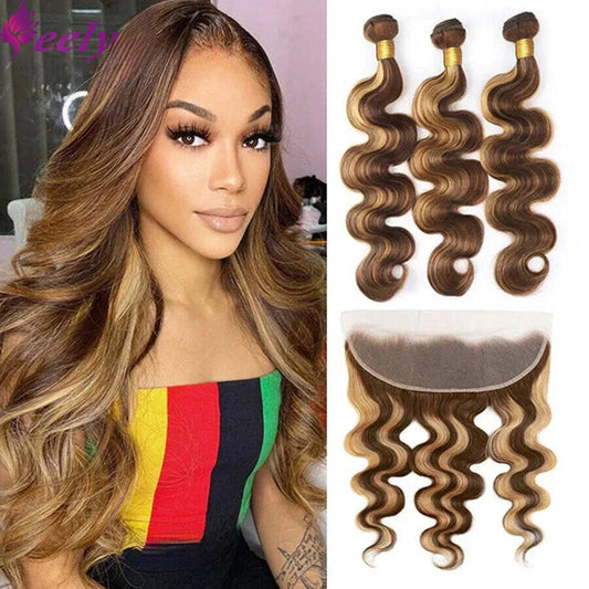 Hair Extensions and Wigs
Human Hair Bundles With Frontal Bundles Highlight Human Hair Honey Blonde Body Wave With 13x4 Frontal Hair Extensions Weavings