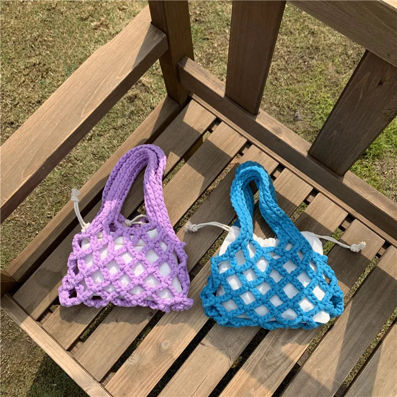 Handbags Mini Crochet Bag for Women 2024 Top Handle Purse and Handbag Girls Shopper Cotton Thread Cute Knitting Hollow Bucket Tote Bags