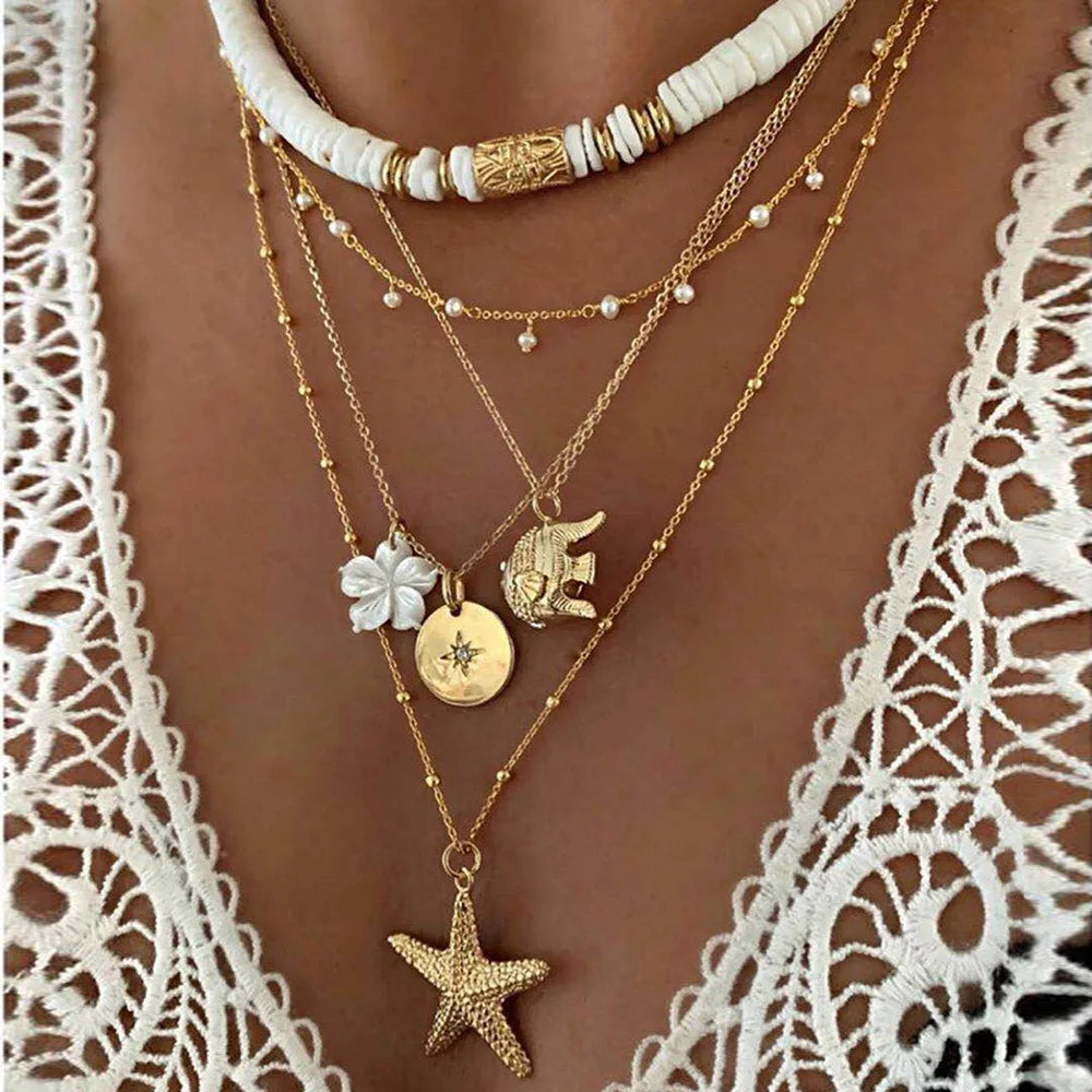 Necklaces Women Fashion New Bohemia Soft Clay Shell Star Sun Pendant Chain Layered Necklace for Women Girls Summer Beach Simple Layered Necklace