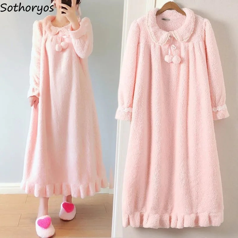 Winter Warm Sleepwear 
Long Loose Nightgowns Women Coral Fleece Velvet Thick Warm Winter Homewear Nightdress Baggy Solid Sweet Lovely Elegant Female