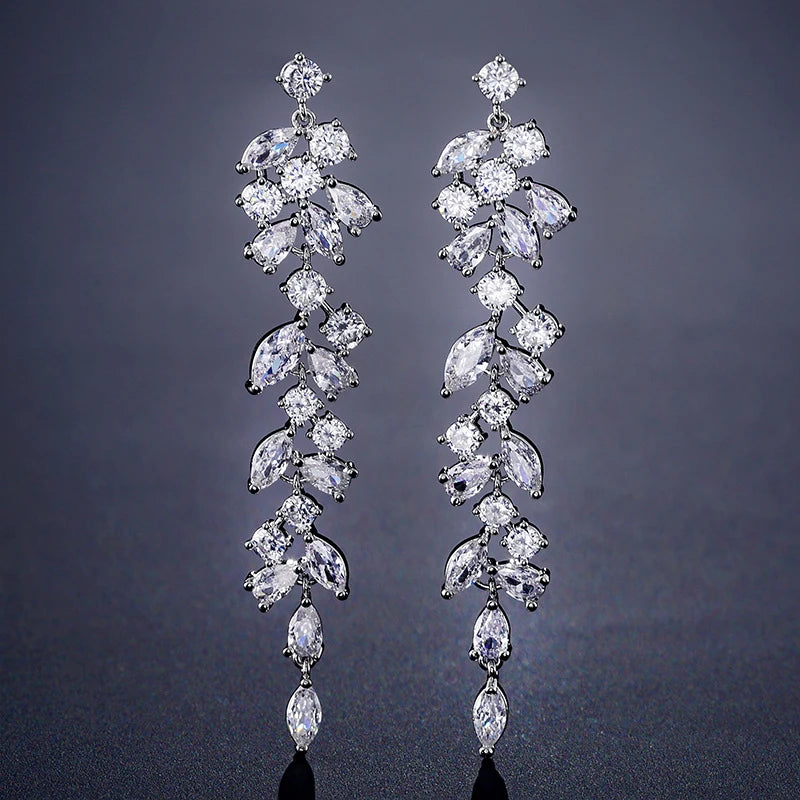 Earring  Luxury Zirconia Crystal Long Leaf Drop Dangle Clip on Earrings for Women Bridal Wedding Party Without Piercing Earrings Jewelry