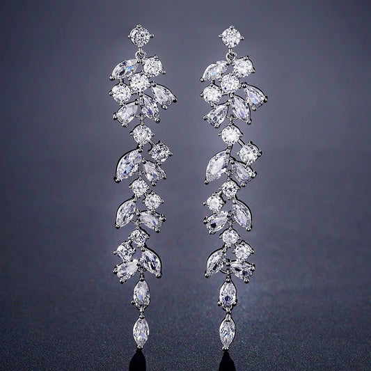 Earring  Luxury Zirconia Crystal Long Leaf Drop Dangle Clip on Earrings for Women Bridal Wedding Party Without Piercing Earrings Jewelry