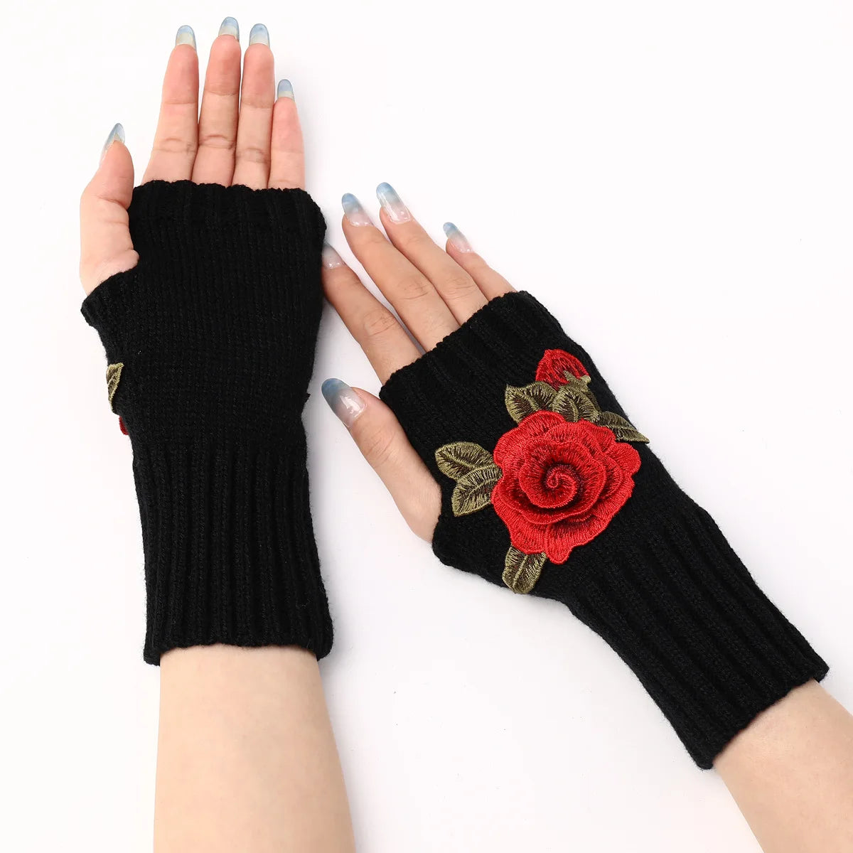 High Quality New Autumn Winter Women's Short Fashion Embroidered Flower Gloves Knitted Wool Sleeves Warm Mittens Fingerless Gloves Women