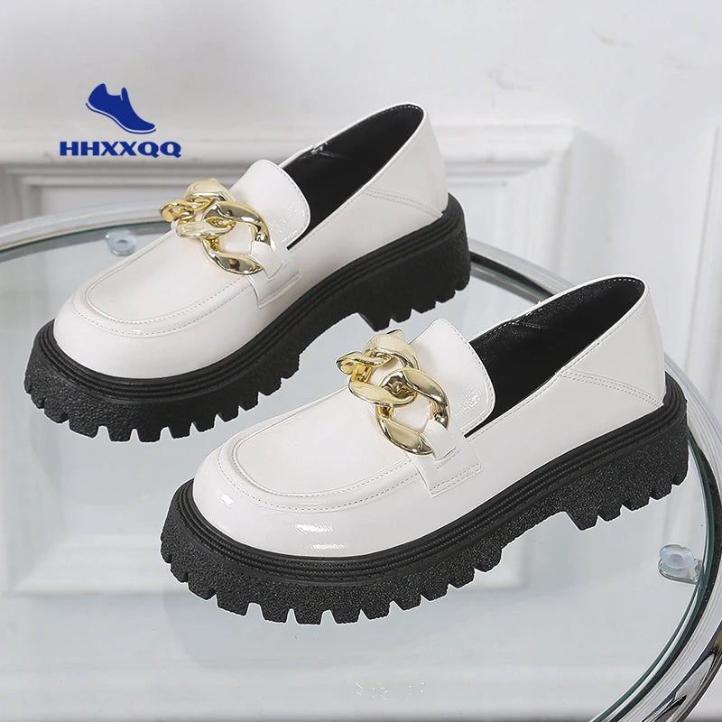 loafers Shoes Chunky Loafers Women Patent Leather Platform Shoes Round Toe Metal Chain Slip on Ladies Flats Handmade Kawaii Shoes Woman Flats