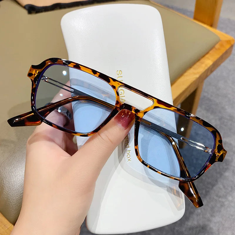 Women's Sunglasses Double Bridges Women Sunglasses Fashion Pink Gradient Eyewear Vintage Hollow Leopard Blue Sun Glasses Men Shades UV400