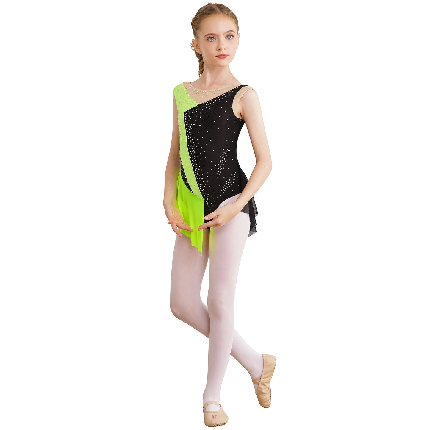 dancers  
Kids Girls Sparkly Rhinestone Figure Ice Skating Costume Dance Gymnastics Roller Skating Skirted Leotard Dress Modern Dancewear