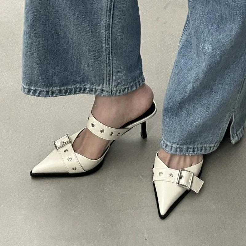 WOMEN SANDALS Punk Goth Metal Buckle High Heels Women's Sandals Summer 2024 Pointed Toe Silver Party Shoes Fashion Womens Pumps Shoes Tacones