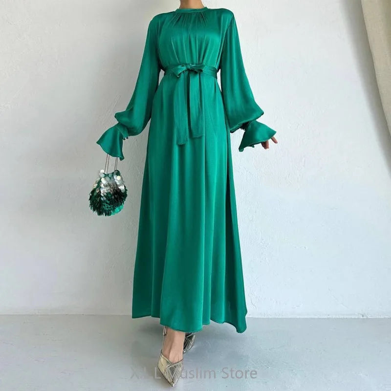 Elegant Satin Muslim Maxi Dress For Women With Belt Eid Ramadan Partywear Evening Ladies Long Dresses 2024 Dubai Kebaya Robe