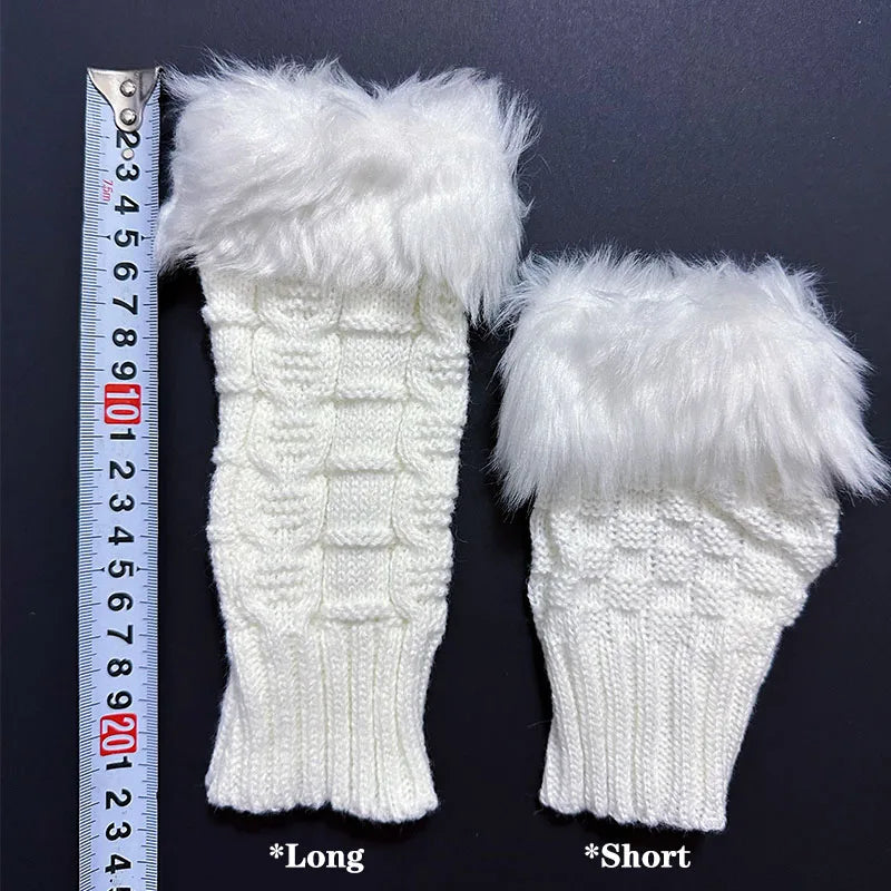 High Quality Autumn Winter Villi Knitted Touchscreen Gloves Women Girls Cute White Arm Warmers Furry Mittens Half Finger Fingerless Gloves