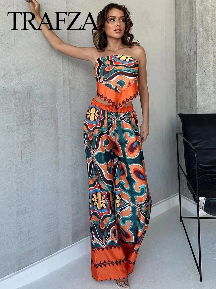 Pants Set Vintage Print Back Bow Tie Strapless Bustier Tops + Drawstring Trousers Female Chic Streetwear Pant Suits