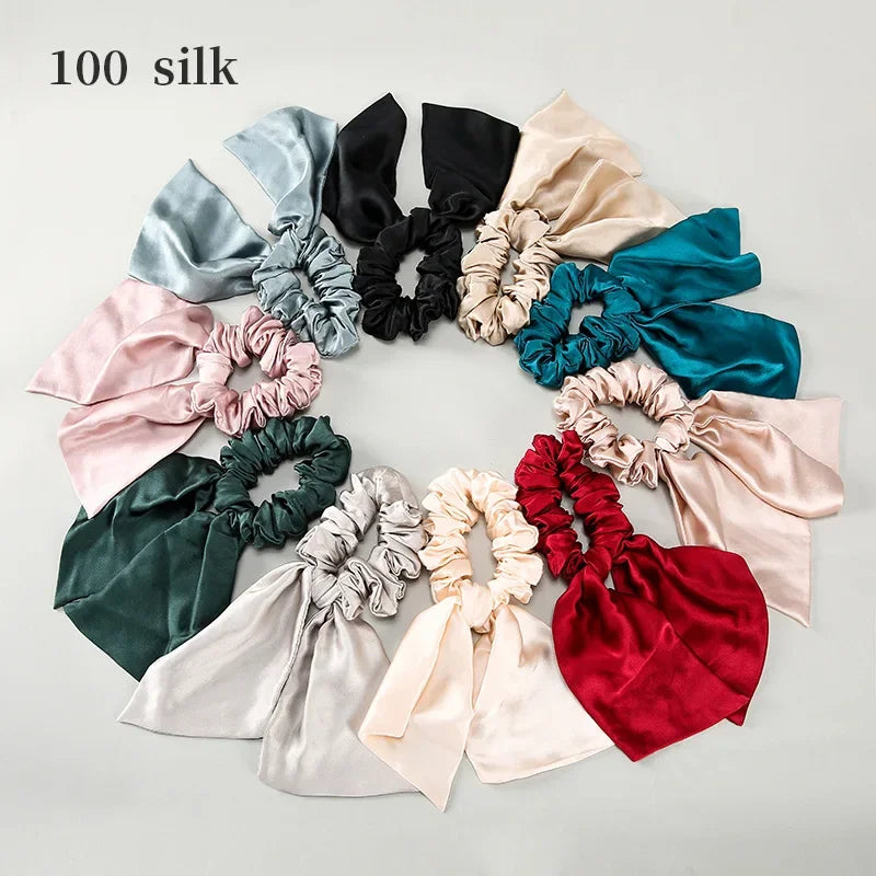 Elegant Look 100% Pure Mulberry Silk Hair Bows Scrunchies Silk Bowknot Elastic Hair Bands Ties Headwear For Women's Luxury Hair Accessories