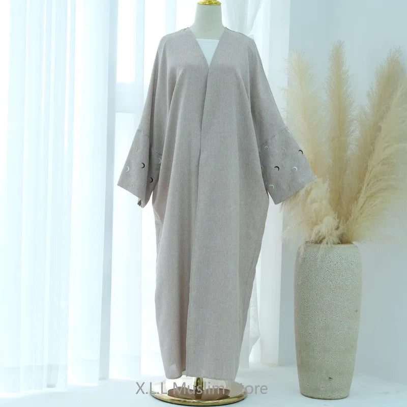 Eid Moon Embroidery Open Abaya Dubai Luxury Kimono Coat With Hijab Kebaya Kaftan Baggy Abaya Modest Robe De Priere Muslim Dress