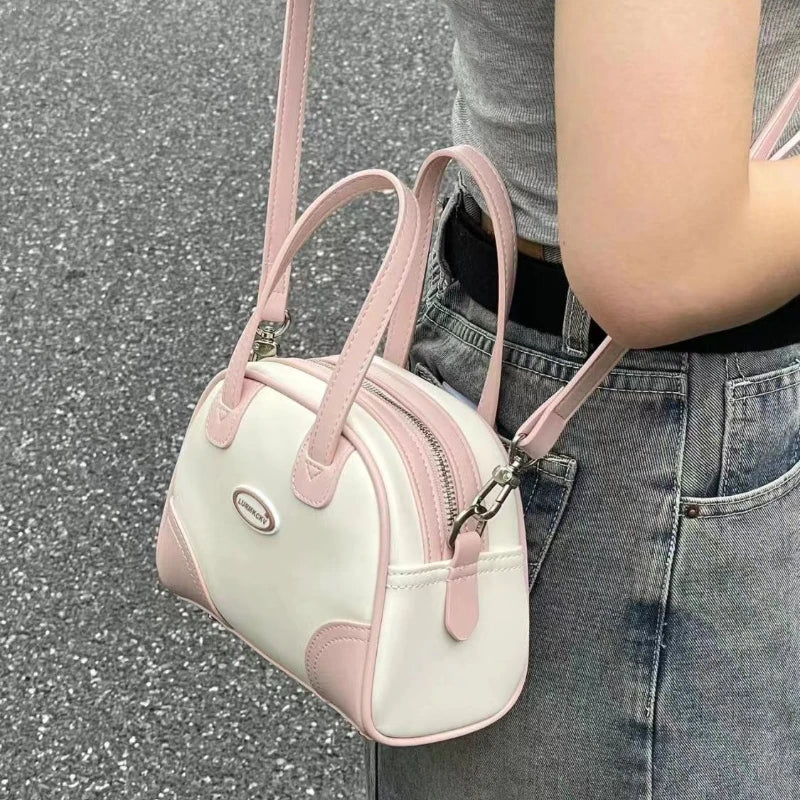 Handbags Xiuya Sweet Cute Handbags for Women Pu Leather Letter Pink White Boston Crossbody Bag New Vintage Elegant Bowling Shoulder Bag