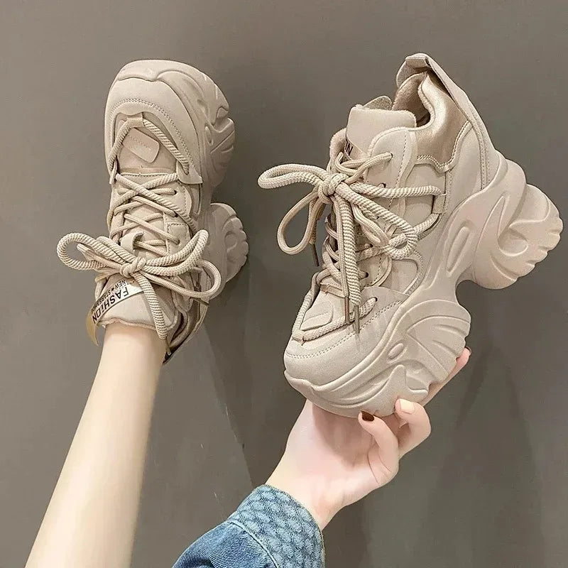 Sneaker women Walking Sneakers Autumn Lace-up High Platform Chunky Shoes Breathable Leather Shoes 10CM Winter Wedge Heels Casual Shoes