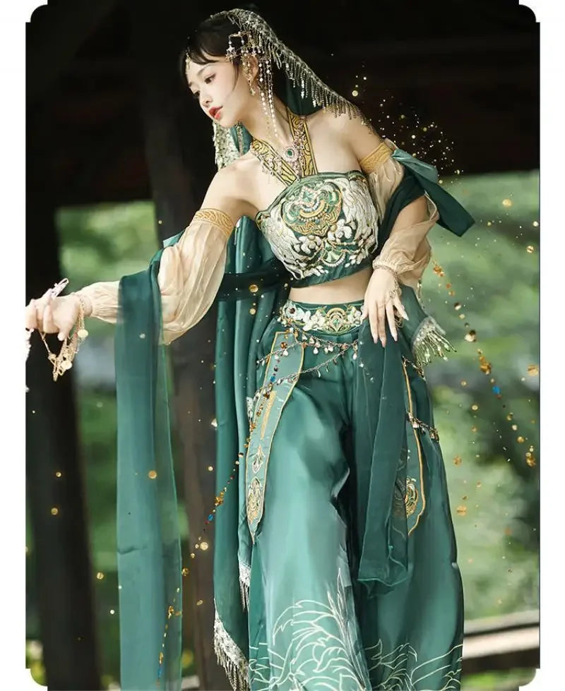 Exotic 
Chinese Style Girl Dunhuang Exotic Hanfu Top Pants Set Exquisite Embroidered Tassel Decorative Dance Performance Costume