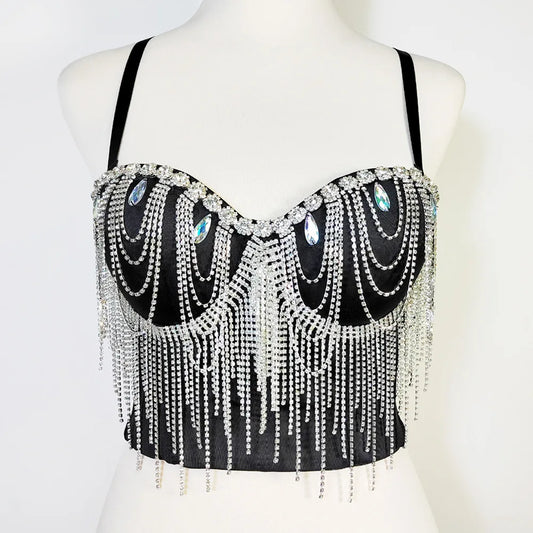 dancers  
Sexy Rhinestones Chains Tassel Crop Tops Belly Dancing Tube Top Nightclub Bar DJ Dancer Fringe Corset Bra Performance Stage Wear