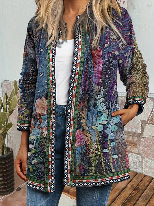 Plus Size Women's 2023 fashion winter jacket retro style loose print collarless women's jacket XL- 5XL