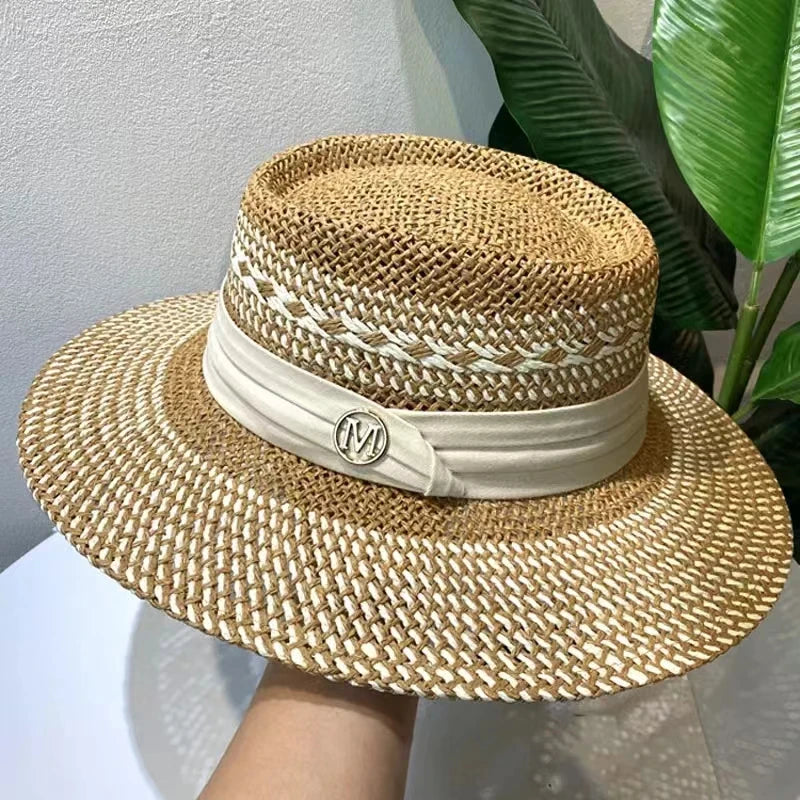 Hat Summer Women's Straw Hat Ladies Luxury Sun Hat Fashion Sun Protection Beach Hat French Panama Hat Bump Top Wide Brim Raff Cap