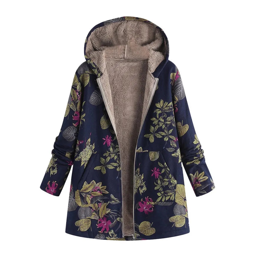 Plus Size Women Overcoat Printed Hooded Long Sleeve Coat Oversized Vintage Parkas New Autumn Winter Warm Padded Jacket  2023